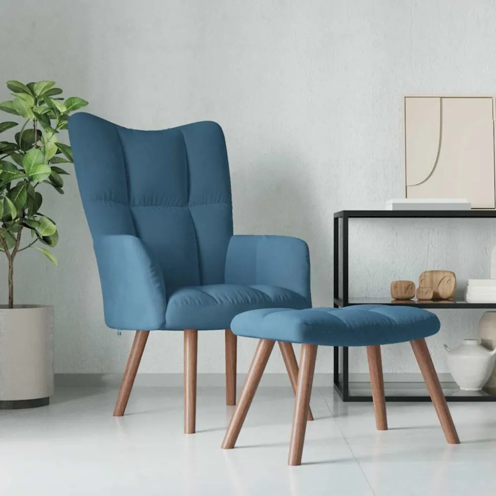 Relaxstoel met voetenbank fluweel blauw