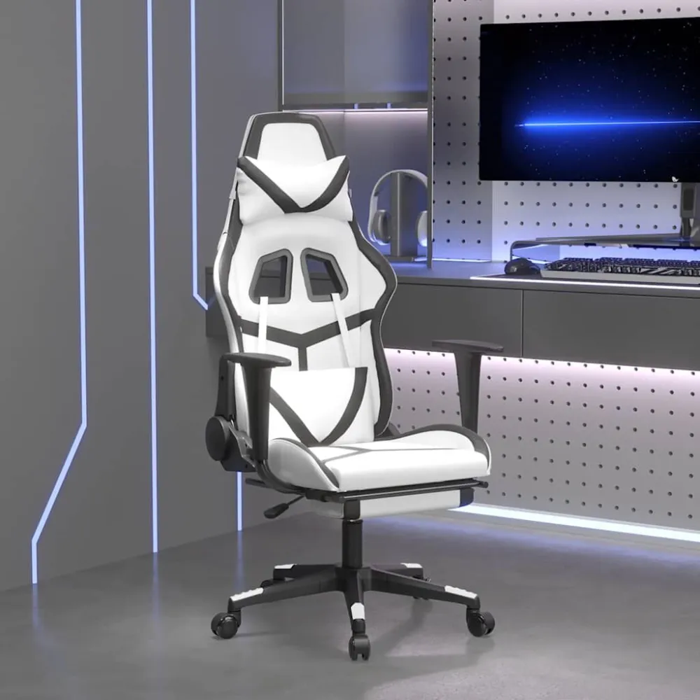 Massage gamestoel met voetensteun kunstleer wit en zwart