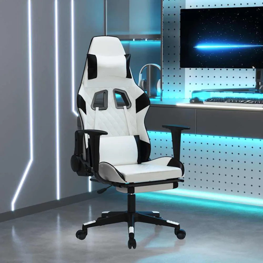 Massage gamestoel met voetensteun kunstleer wit en zwart