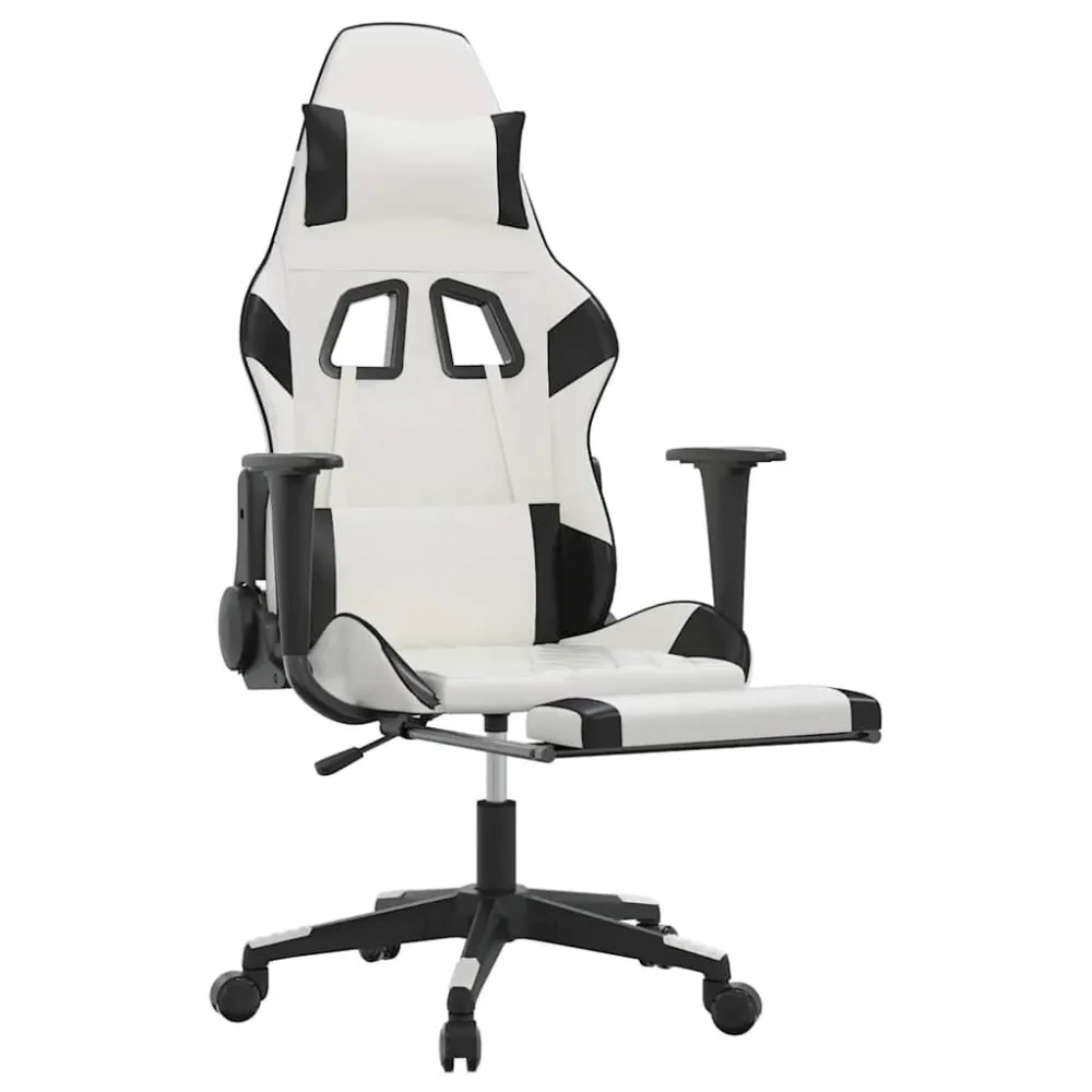 Massage gamestoel met voetensteun kunstleer wit en zwart
