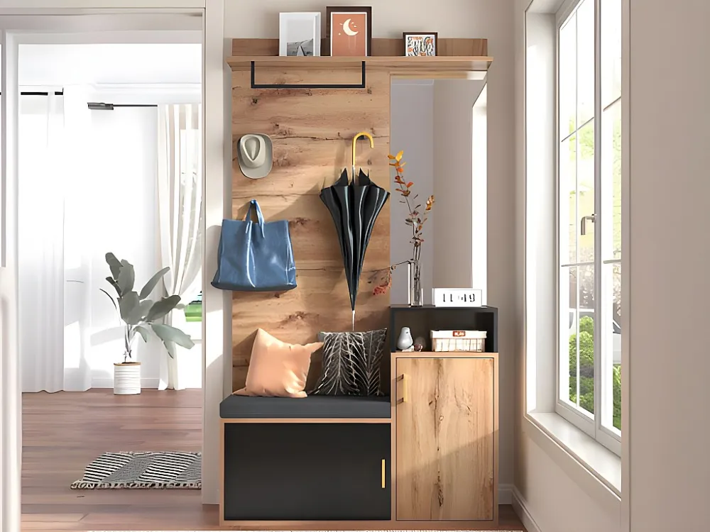 Entreegarderobe met spiegel en schoenenkast - Hoogte 190cm - naturel & zwart ModernLuxe