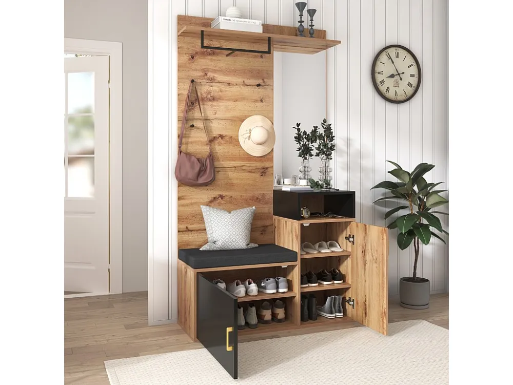 Entreegarderobe met spiegel en schoenenkast - Hoogte 190cm - naturel & zwart ModernLuxe