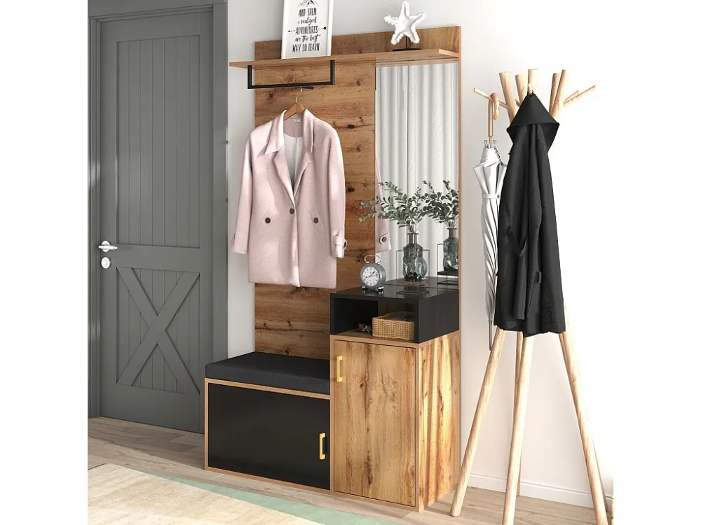 Entreegarderobe met spiegel en schoenenkast - Hoogte 190cm - naturel & zwart ModernLuxe