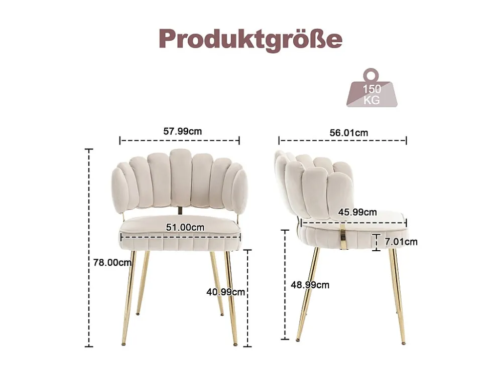 Lot de 2 chaises de salle à manger, chaise d'appoint velours , chaise simple de loisir avec pieds dorés, 58x56x78cm,...