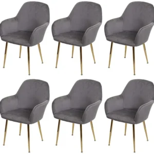 Eetkamerstoel MCW-F18 (set van 6), fluweel grijs, gouden poten