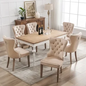 Set van 6 eetkamerstoelen - woonkamerstoelen met rugleuning - fluwelen zitting en massief houten poten - beige Merax