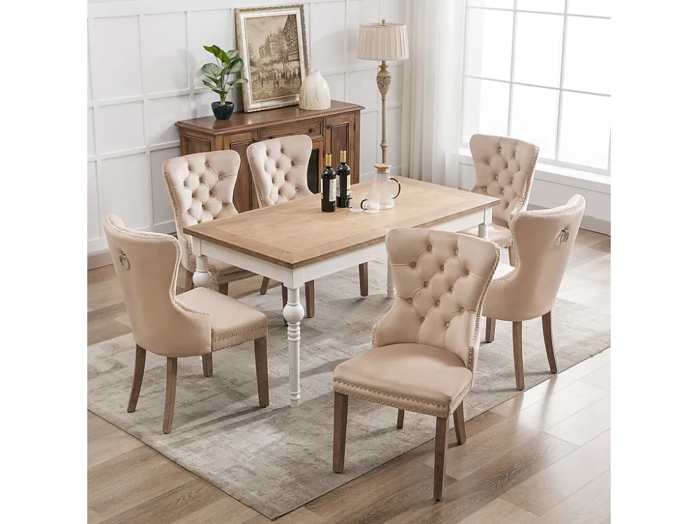 Set van 6 eetkamerstoelen - woonkamerstoelen met rugleuning - fluwelen zitting en massief houten poten - beige Merax