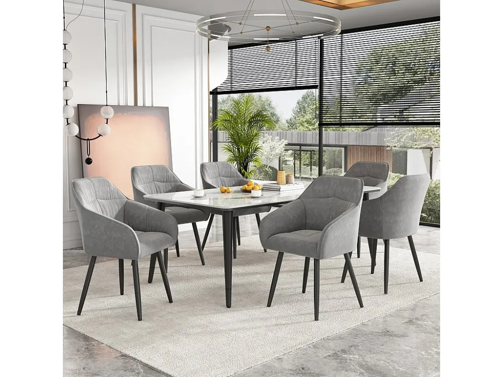 Set van 6 fluwelen eetkamerstoelen - armleuningen + metalen poten - grijs Merax