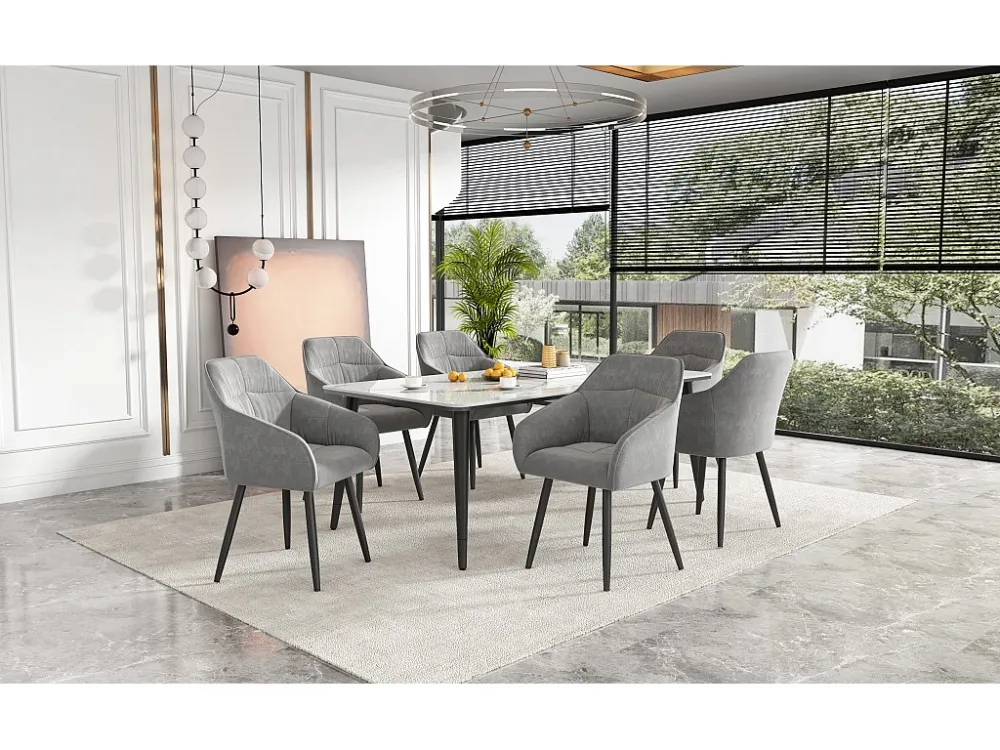 Set van 6 fluwelen eetkamerstoelen - armleuningen + metalen poten - grijs Merax
