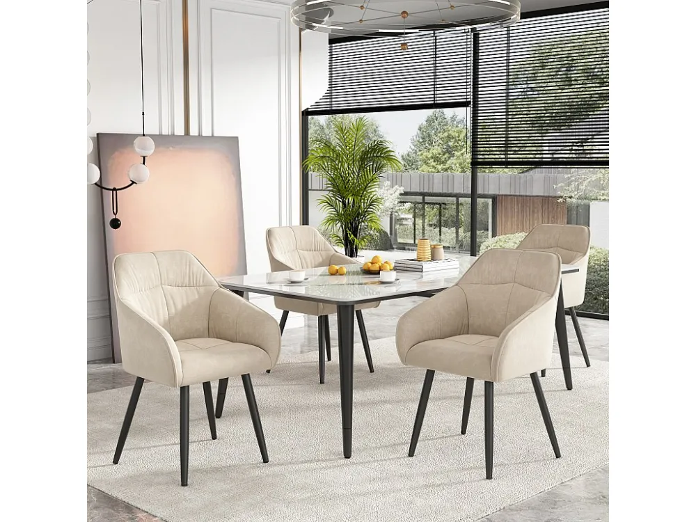Set van 4 fluwelen eetkamerstoelen - armleuningen + metalen poten - beige Merax