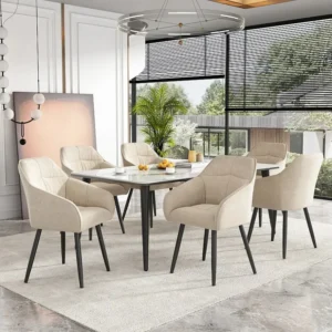 Set van 6 fluwelen eetkamerstoelen - armleuningen + metalen poten - beige Merax