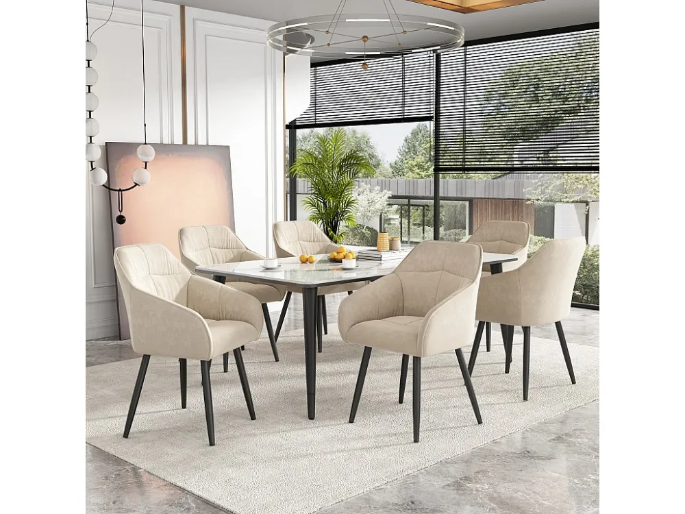 Set van 6 fluwelen eetkamerstoelen - armleuningen + metalen poten - beige Merax
