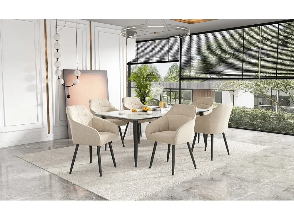 Set van 6 fluwelen eetkamerstoelen - armleuningen + metalen poten - beige Merax