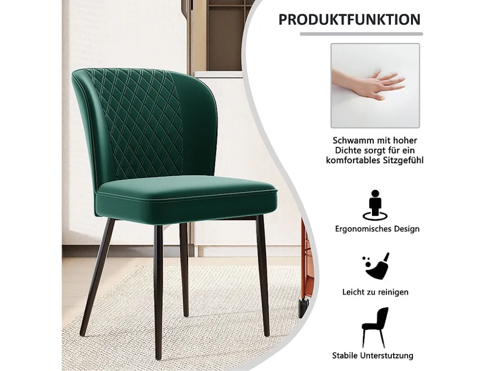 Set van 4 fluwelen eetkamerstoelen - metalen poten - groen Merax