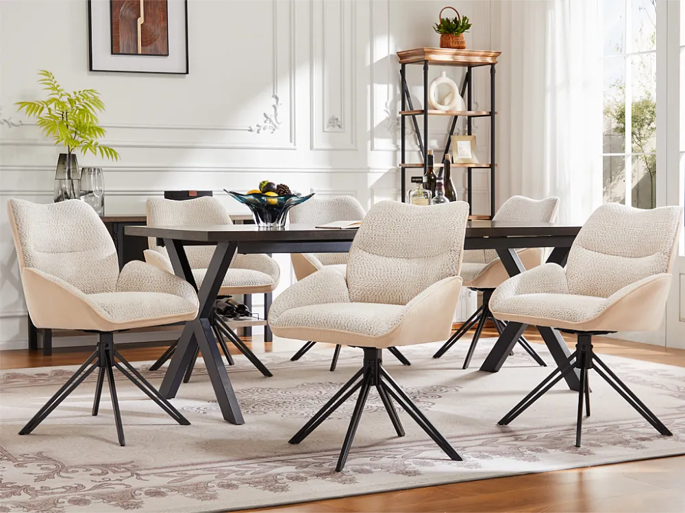 Set van 6 eetkamerstoelen - 360° draaibaar - sherpa stof - Wit ModernLuxe