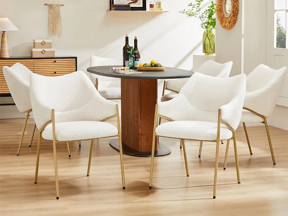 Set van 6 eetkamerstoelen met armleuningen - sherpa stof - moderne stijl - Beige ModernLuxe