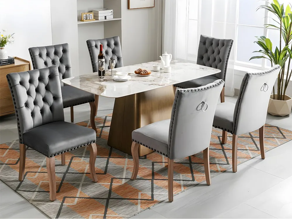 Set van 6 fluweel beklede stoelen - massief houten frame - grijs ModernLuxe