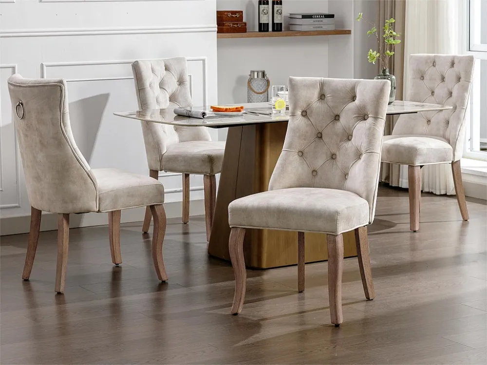 Set van 4 fluwelen eetkamerstoelen - gewatteerde knopen - Crème ModernLuxe