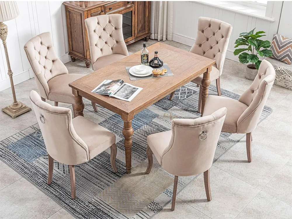 Set van 6 fluwelen eetkamerstoelen - knoopquilt - Beige ModernLuxe