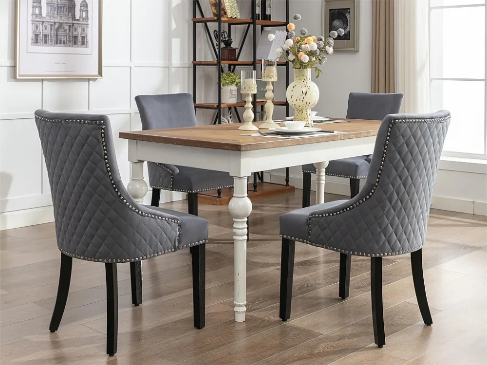 Set van 4 fluwelen gondelstoelen - bekleed met Argyle patroon - massief houten poten - Grijs ModernLuxe