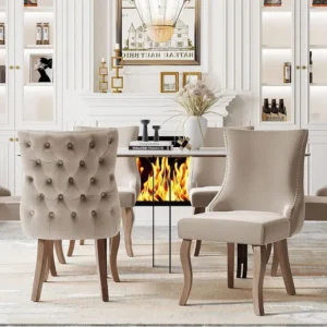 Set van 6 fluwelen gondelstoelen - massief houten poten - Beige ModernLuxe