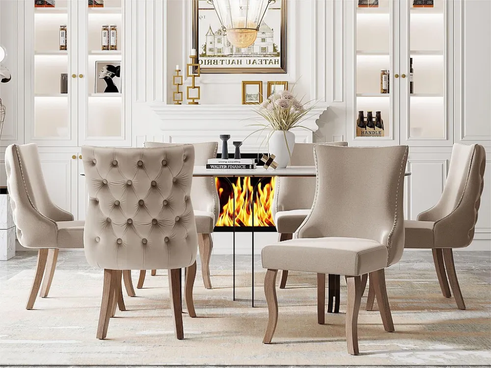Set van 6 fluwelen gondelstoelen - massief houten poten - Beige ModernLuxe