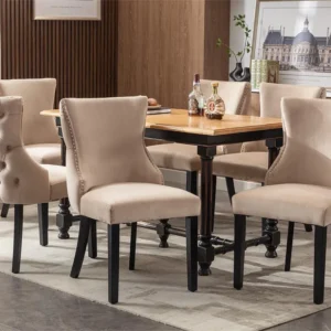 Set van 6 fluwelen gondelstoelen - massief houten poten - Beige ModernLuxe