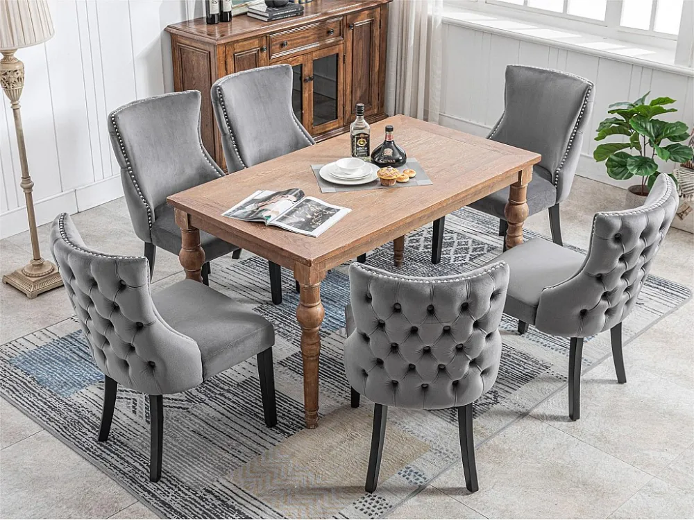 Set van 6 fluwelen gondelstoelen - massief houten poten - Grijs ModernLuxe