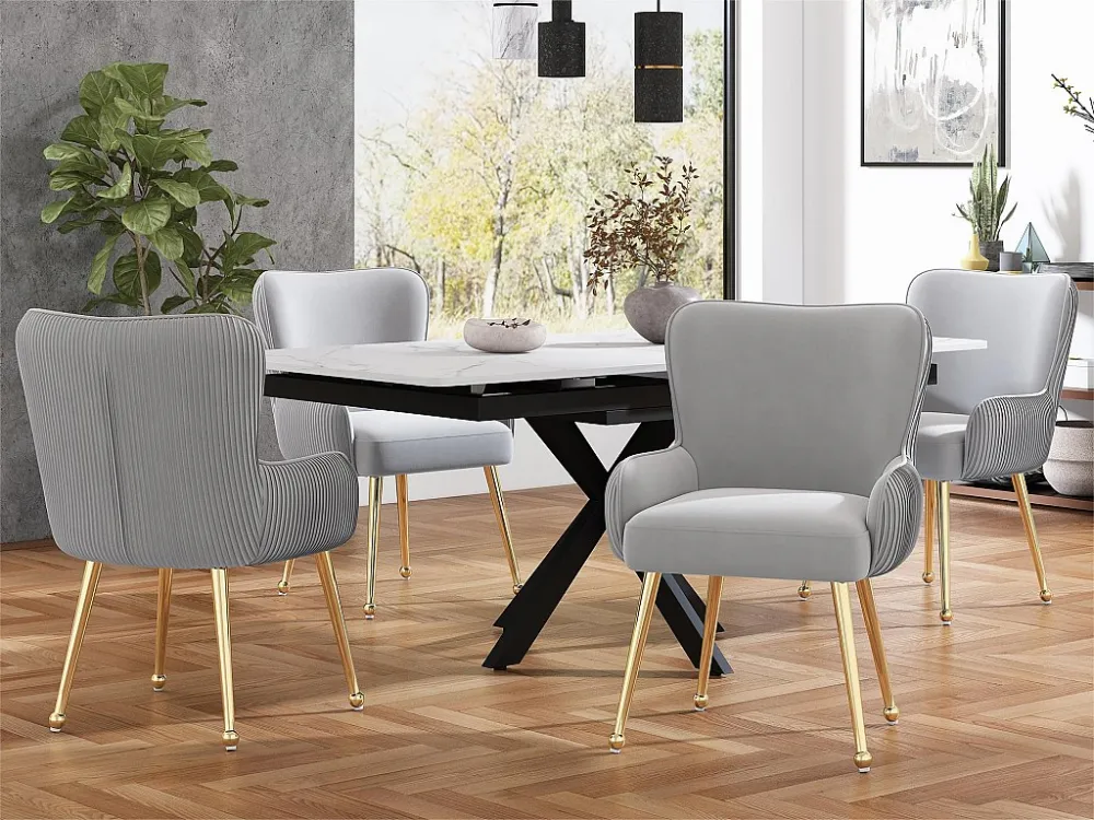Set van 4 fluwelen stoelen - met armleuningen en gouden metalen poten - Grijs en goud ModernLuxe