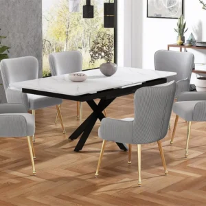 Set van 6 fluwelen stoelen - met armleuningen en gouden metalen poten - Grijs en goud ModernLuxe