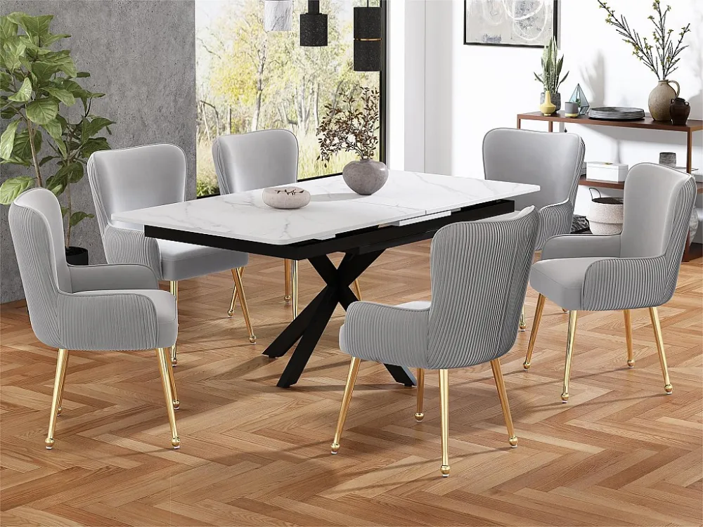 Set van 6 fluwelen stoelen - met armleuningen en gouden metalen poten - Grijs en goud ModernLuxe