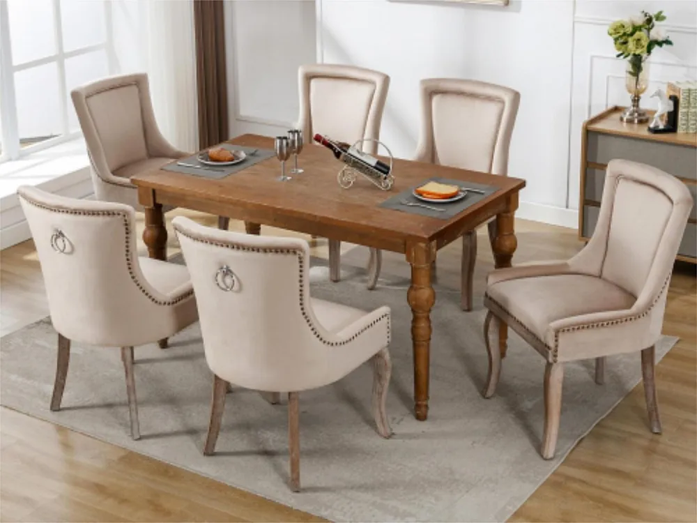 Set van 6 fluwelen stoelen - met massief houten poten - beige ModernLuxe