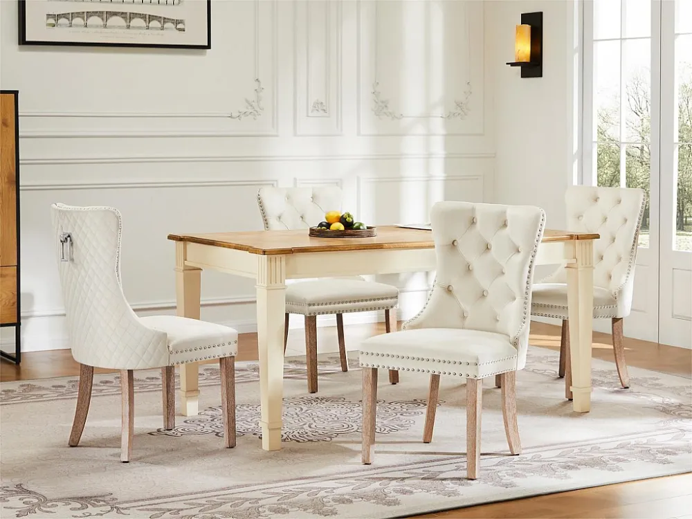 Set van 4 gewatteerde fluwelen stoelen - massief houten frame - Beige ModernLuxe