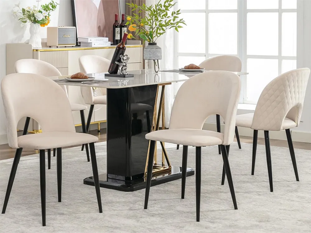 Set van 6 stoelen bekleed met fluweel en metaal - bedekt met ruitpatroon - verstelbare poten - Beige ModernLuxe
