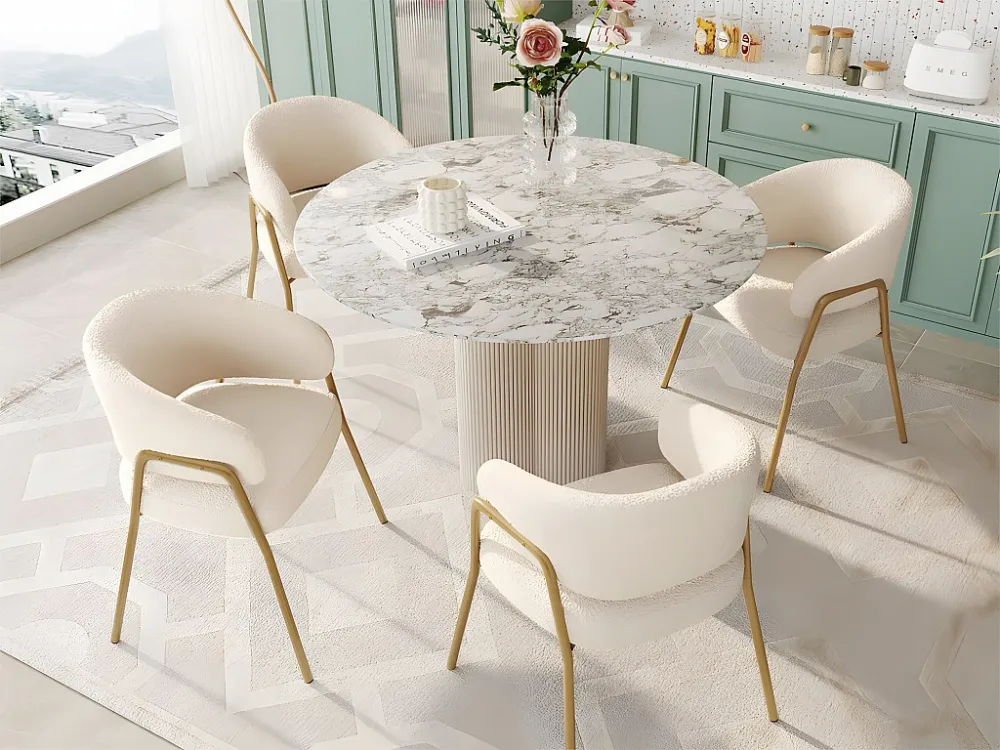 Set van 4 stoelen - sherpastof - gouden poten - beige ModernLuxe