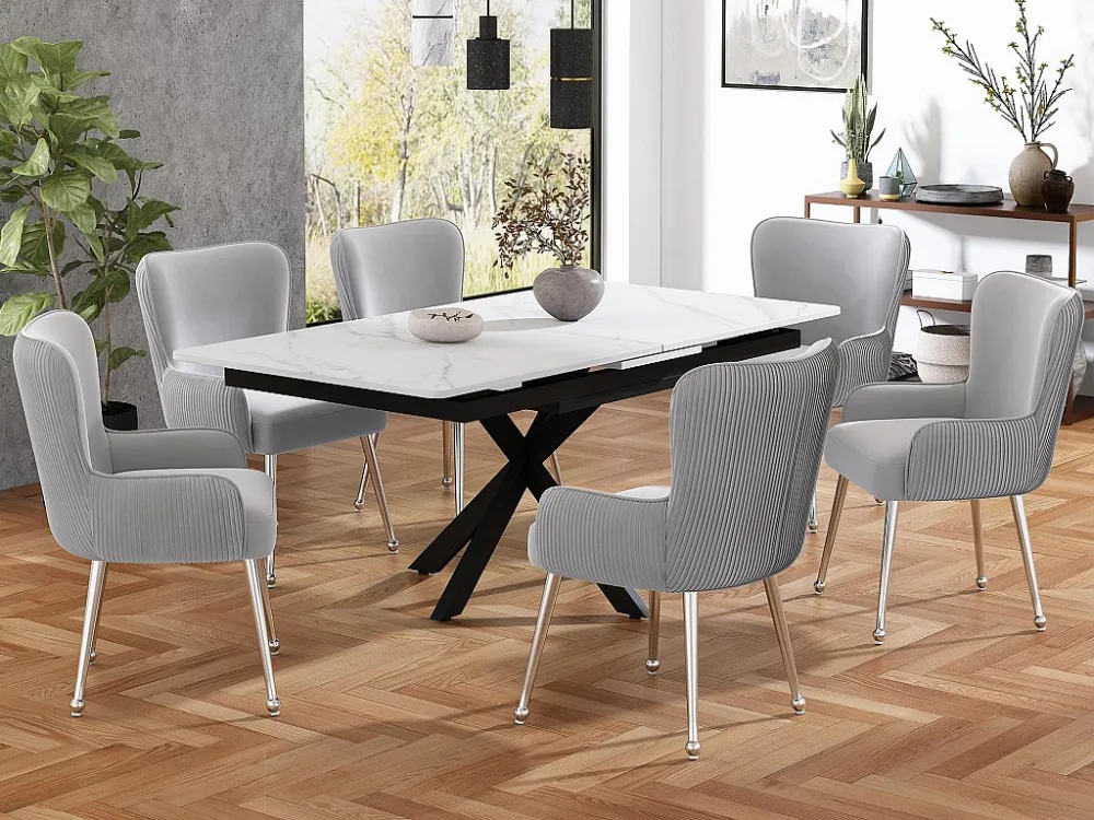 Set van 6 Velvet stoelen - met armleuningen en zilver metalen poten - Grijs ModernLuxe