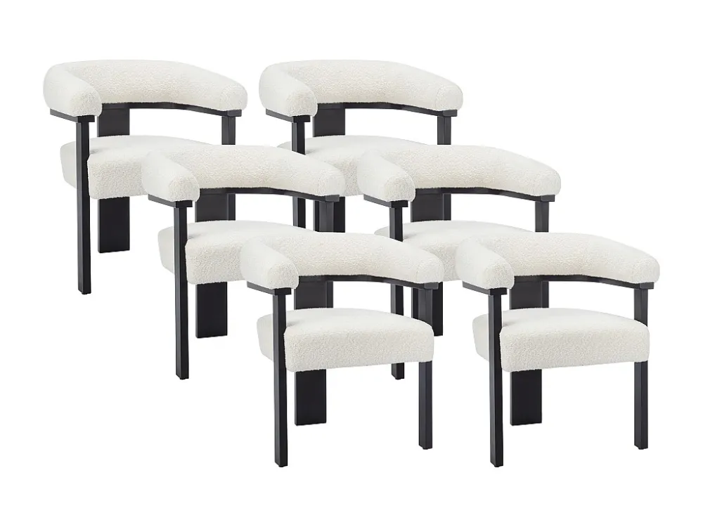 Set van 6 stoelen met armleuningen van boucléstof en heveahout - Wit en zwart - LIVELIA PASCAL MORABITO