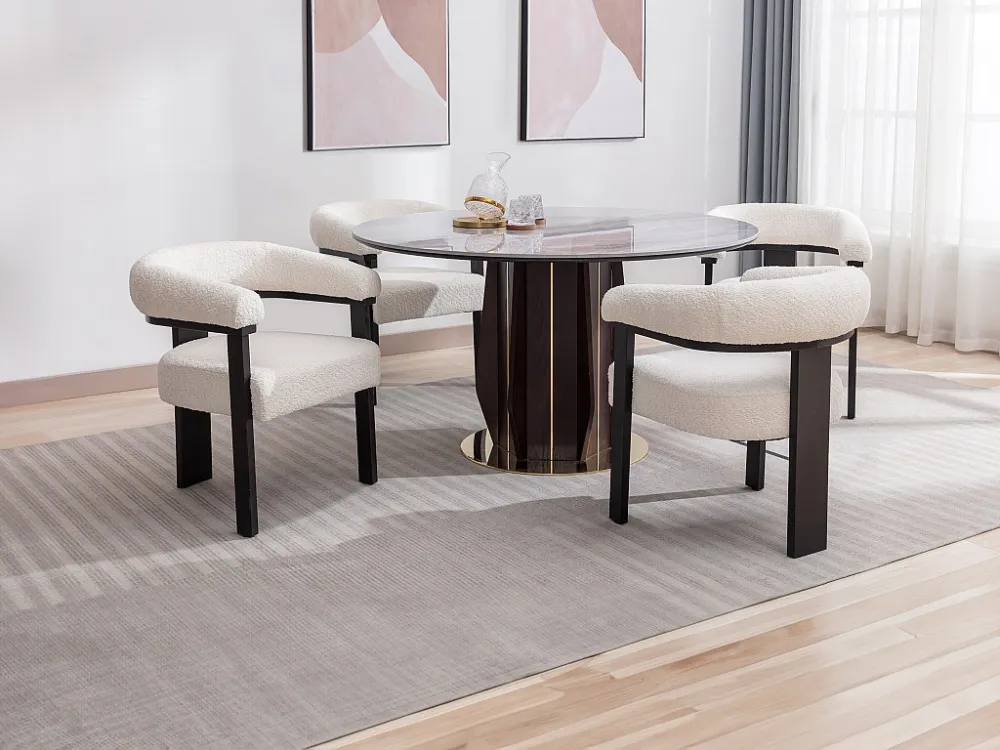 Set van 6 stoelen met armleuningen van boucléstof en heveahout - Wit en zwart - LIVELIA PASCAL MORABITO