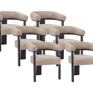 Set van 6 stoelen met armleuningen van boucléstof en heveahout - Taupegrijs en zwart - LIVELIA PASCAL MORABITO