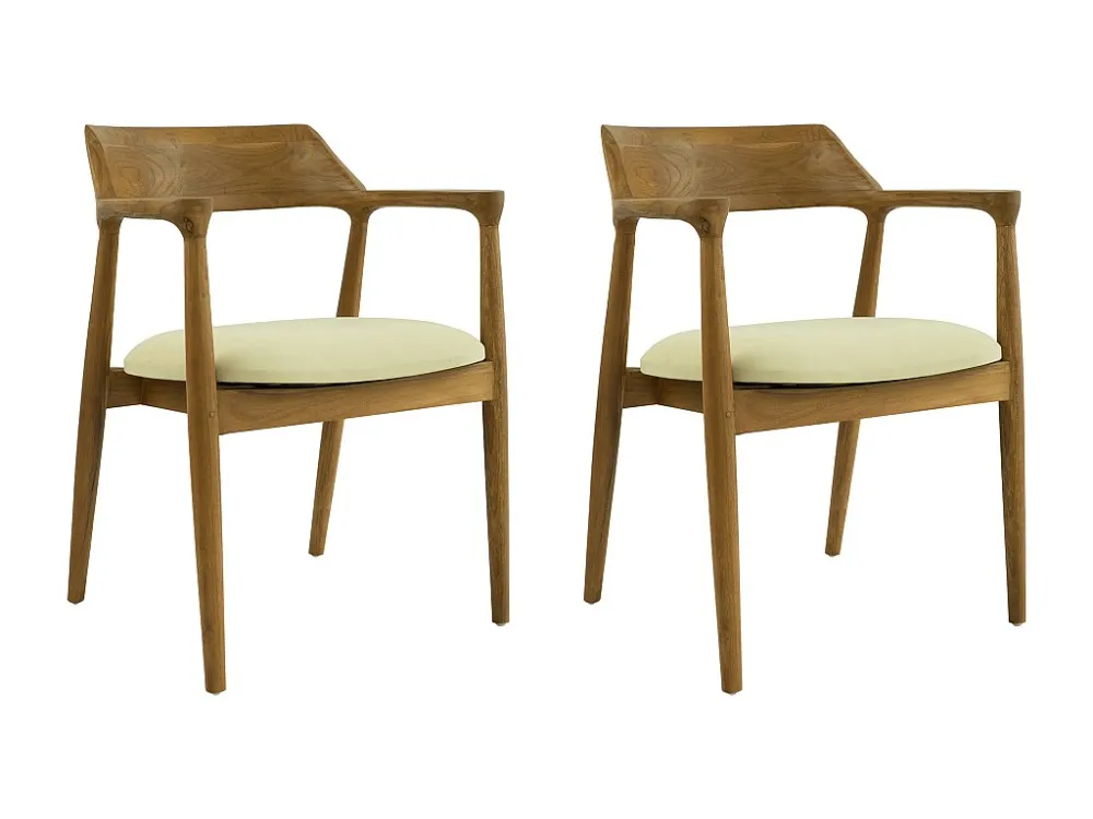 Set van 2 stoelen met armleuningen teak en stof - Houtlook en crème - SOUADY - Koop nu