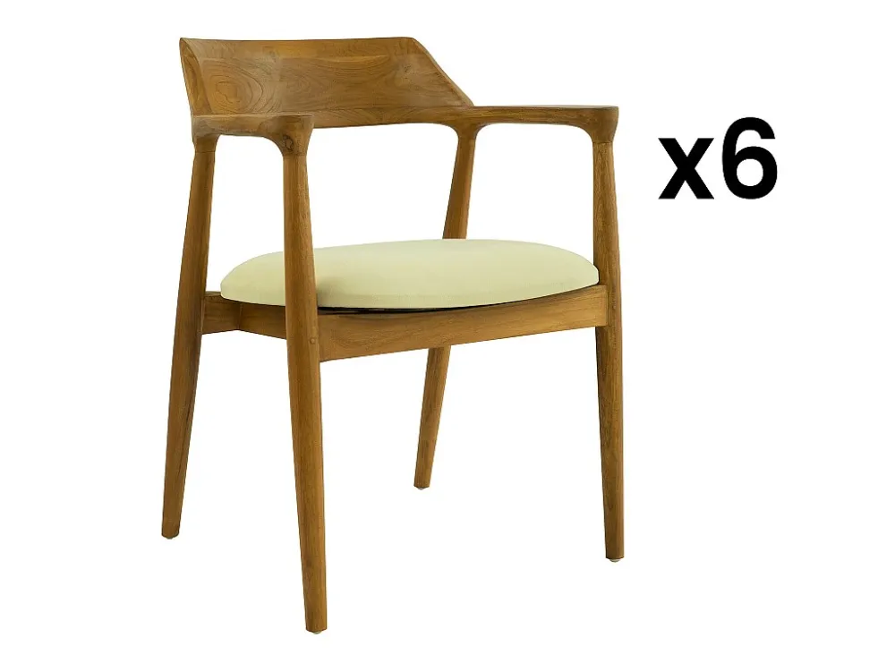 Set van 6 stoelen met armleuningen teak en stof - Houtlook en crème - SOUADY - Koop nu
