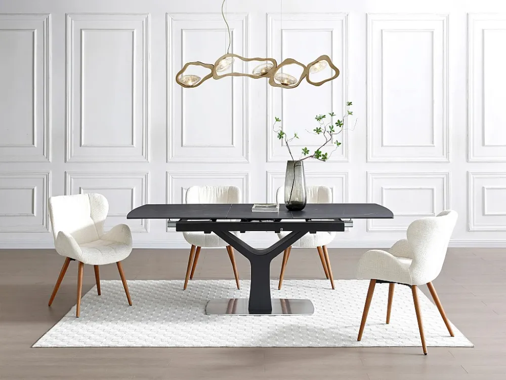 Set van 6 stoelen met armleuningen textuurstof en beukenhout - Crème - MENIOLI