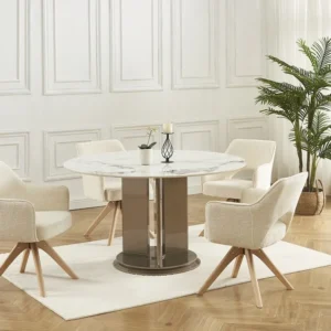 Set van 6 draaistoelen met armleuningen van stof en eikenhout - Crèmewit - KONYA