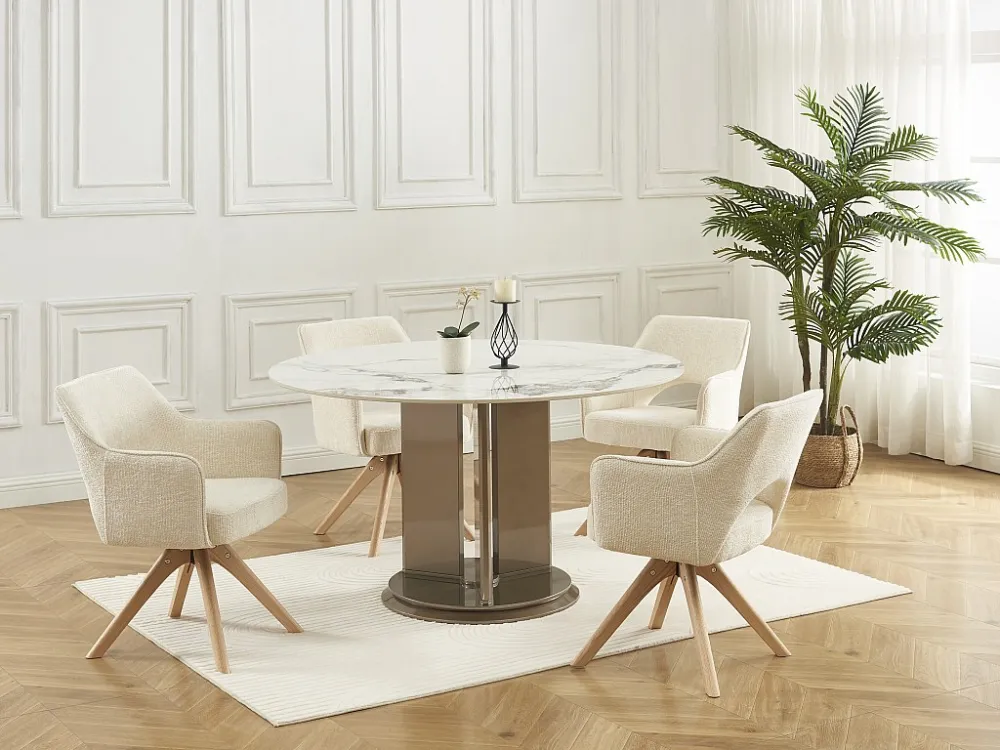Set van 6 draaistoelen met armleuningen van stof en eikenhout - Crèmewit - KONYA