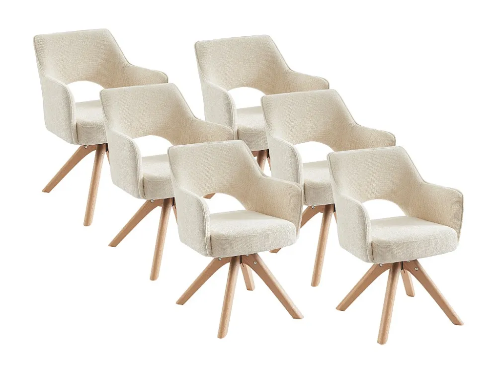 Set van 6 draaistoelen met armleuningen van stof en eikenhout - Crèmewit - KONYA