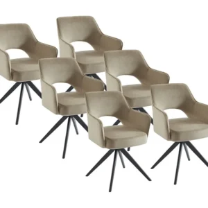 Set van 6 draaistoelen met armleuningen van velours en zwart metaal - Beige - KONYA