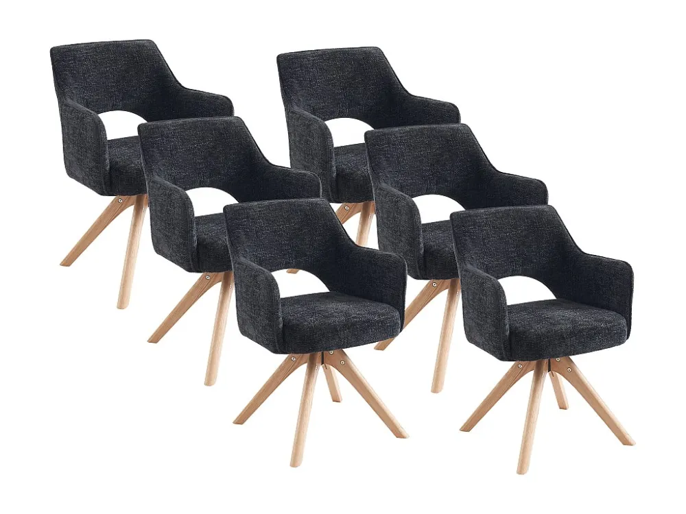 Set van 6 draaistoelen met armleuningen van stof en eikenhout - Zwart - KONYA