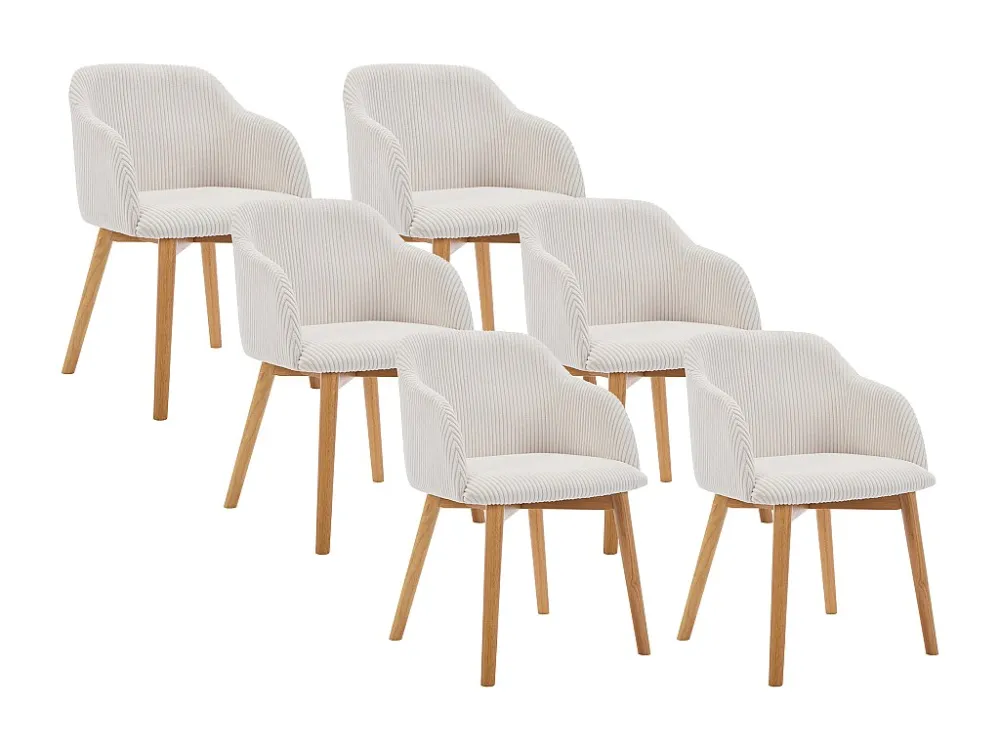 Set van 6 stoelen met armleuningen - Ribfluweel en heveahout - Crèmewit - JELISA