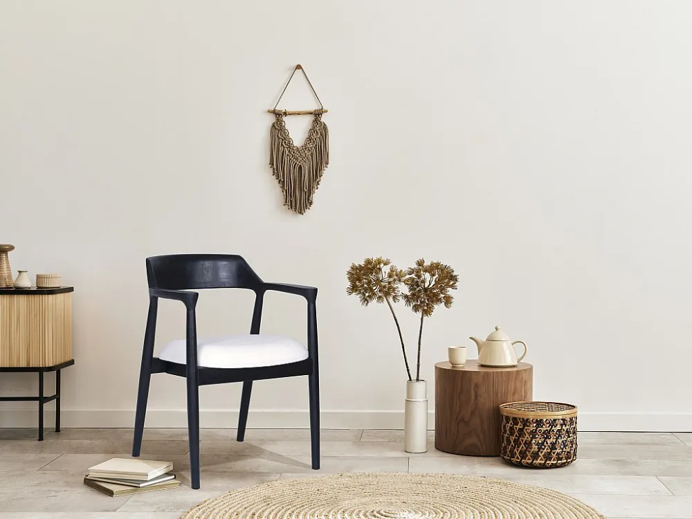 Set van 6 stoelen met armleuningen teak en stof - Zwart en wit - SOUADY