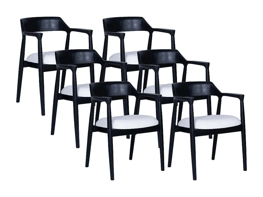 Set van 6 stoelen met armleuningen teak en stof - Zwart en wit - SOUADY